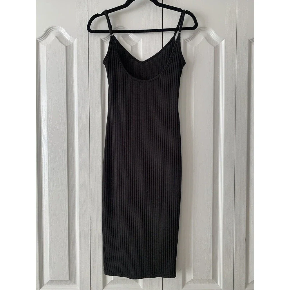 Shein Bodycon Dress Womens Small Black Ribbed Cami Spaghetti Strap Stretch Basic - Picture 3 of 11